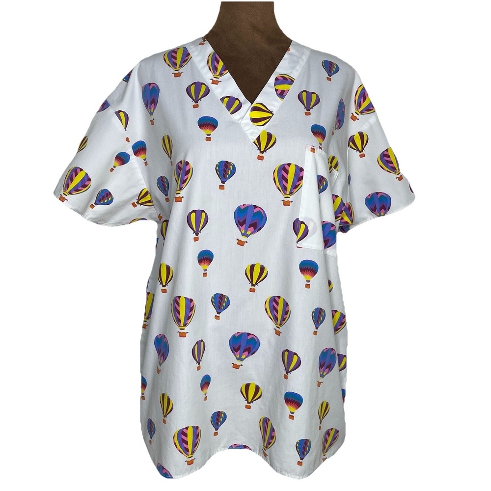 Hot Air Balloon Scrub Top Small By Gator Of Florida Cotton Blend‎ Single Pocket